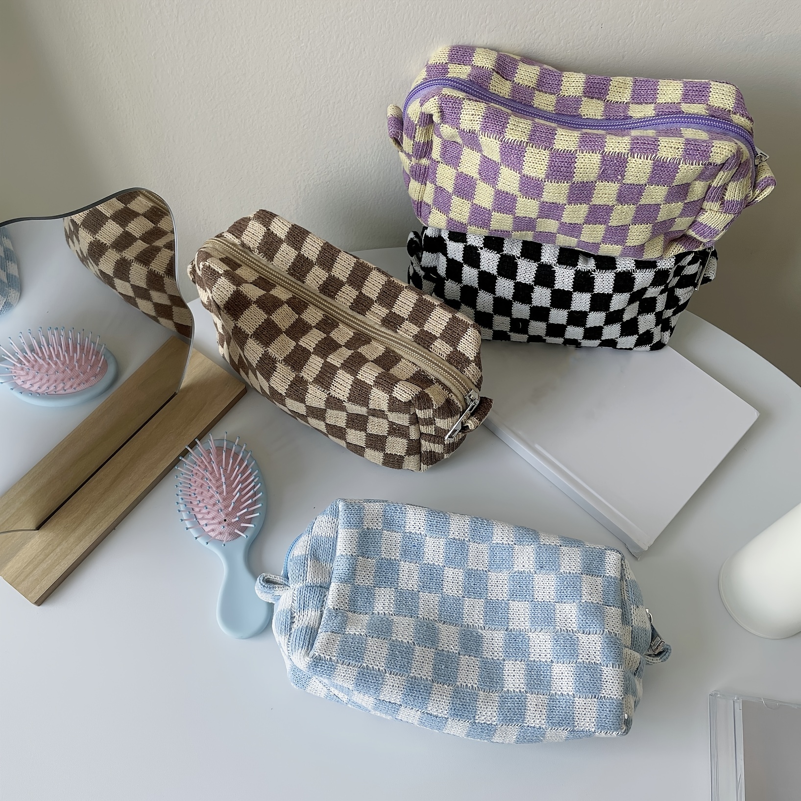 Solid Color Checkerboard Pattern Makeup Bag, All-match Zipper Cosmetic Bag,  Travel Storage Bag - Temu