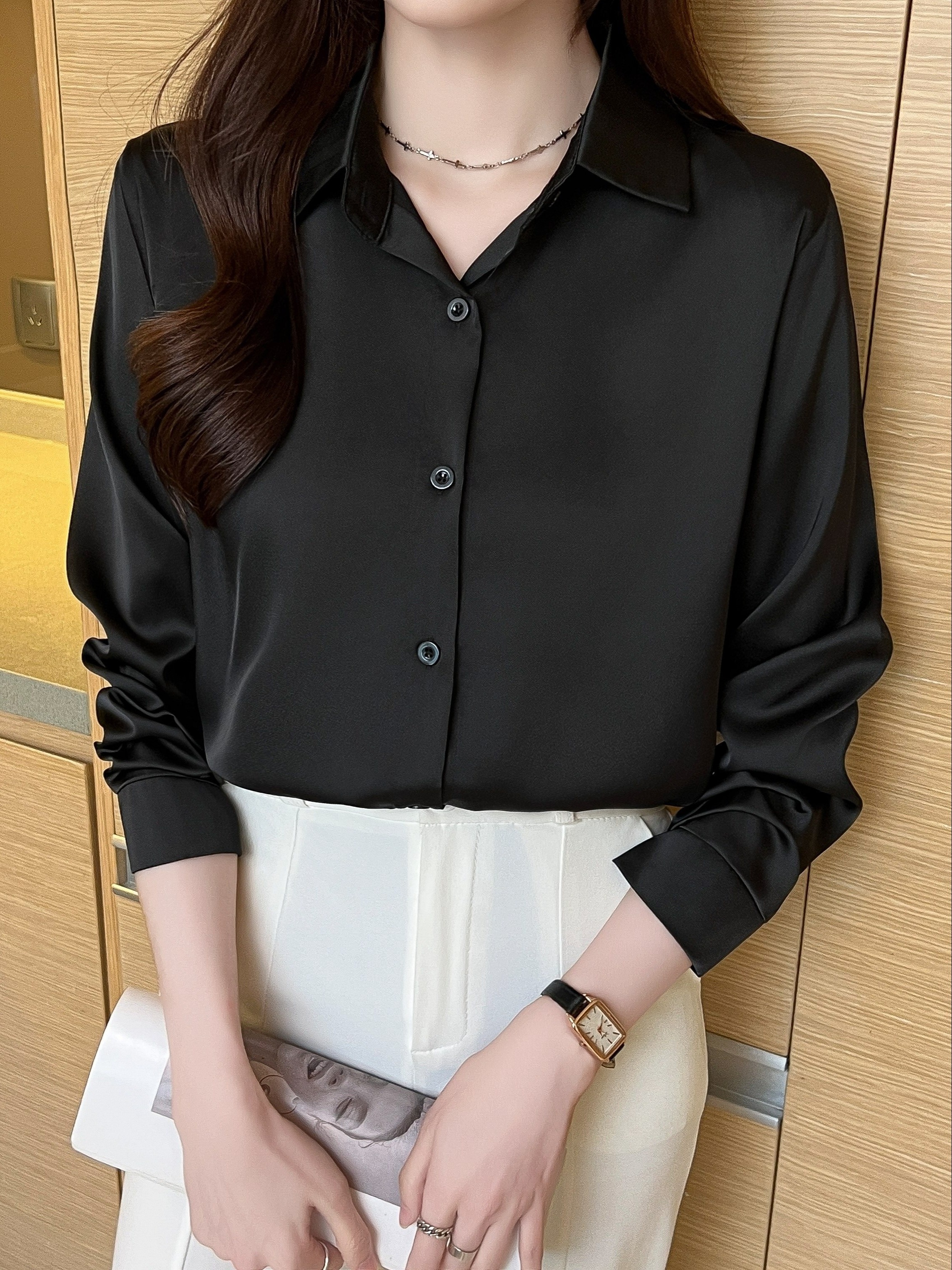 Solid Color Button Front Shirt Casual Long Sleeve Shirt - Temu Canada