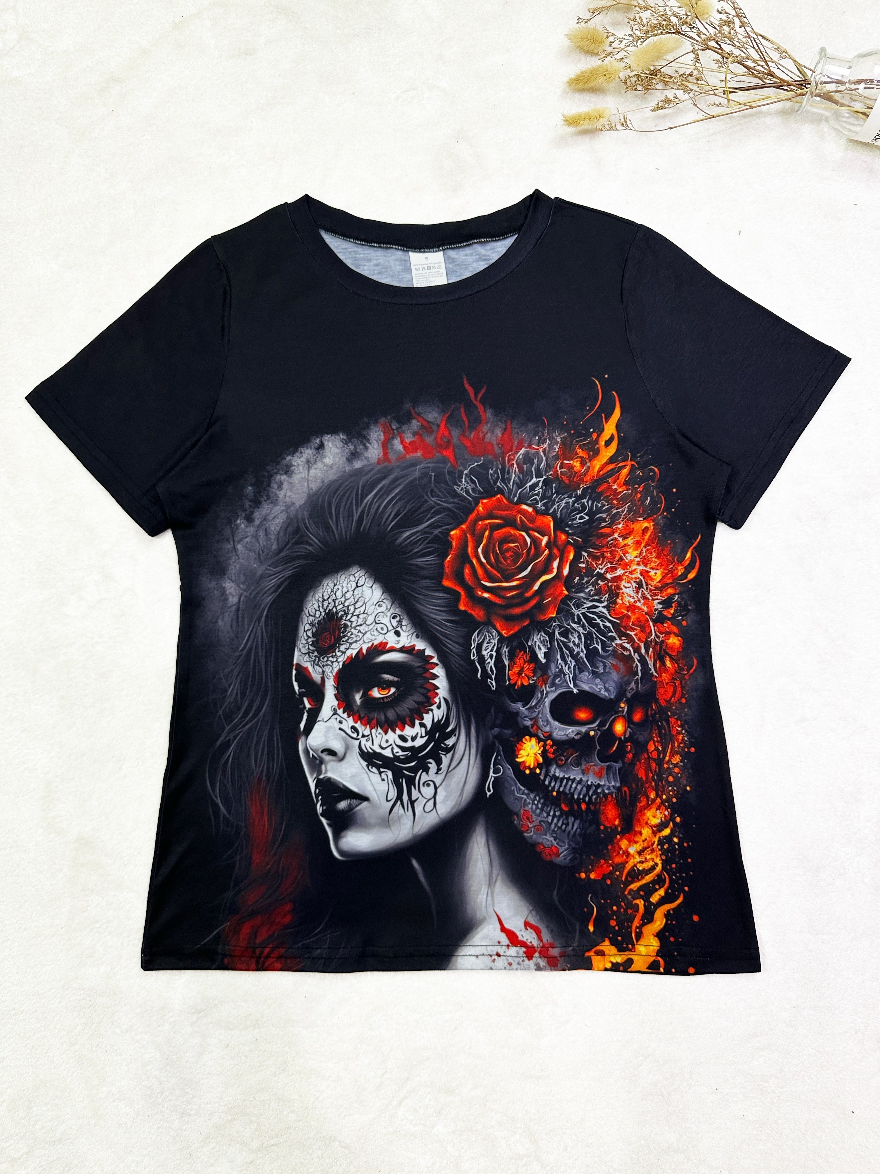 Womens Skull T Shirt Sugar Skull Print Womens T-shirt Gothic 