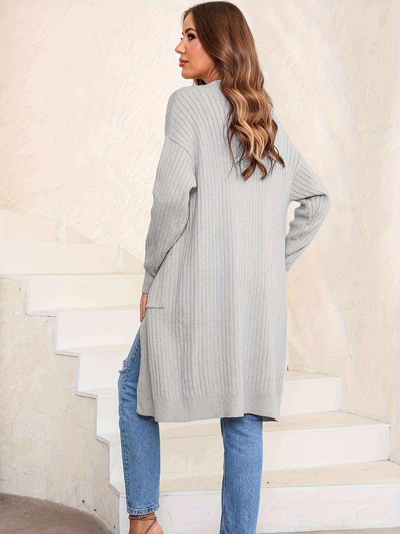 Solid Open Front Cardigan Casual Long Sleeve Drop Shoulder - Temu