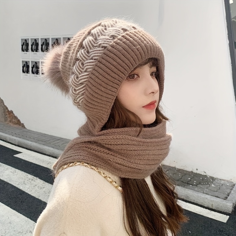 1pc Women's Fashion Style Knit Hat And Scarf Combination With Pom