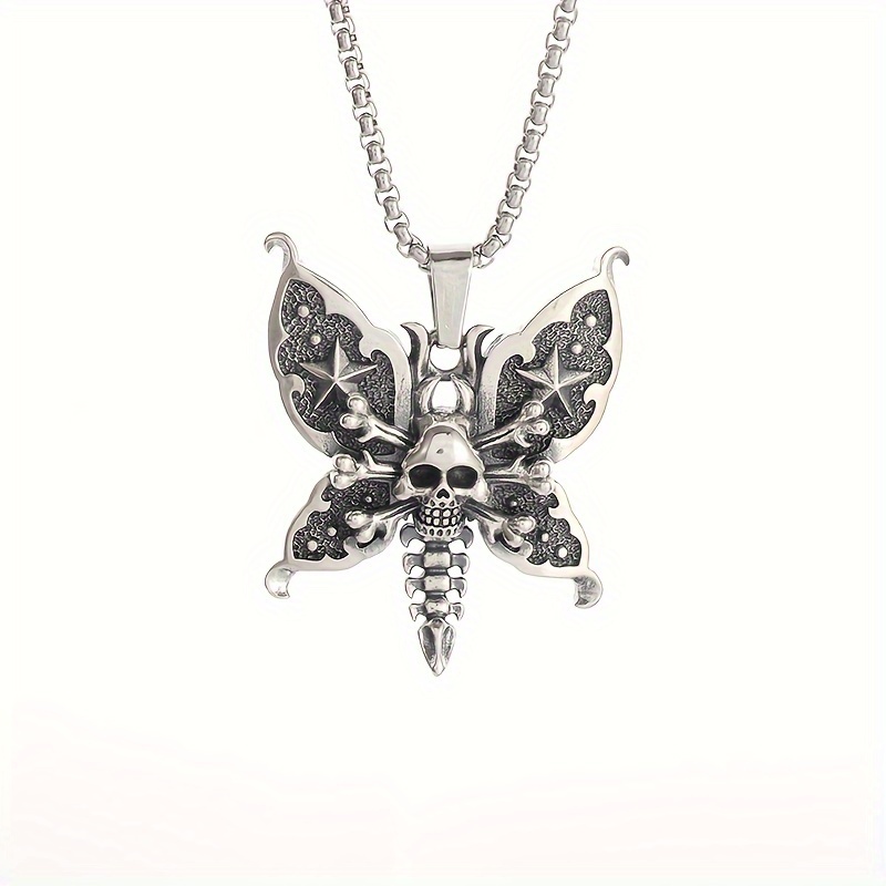 TEMU 1pc Nouveau Collier Rétro Gothique avec Pendentif Crâne à Pointes et Papillon, Bijou Punk pour Homme et Femme, Motard, Cadeau