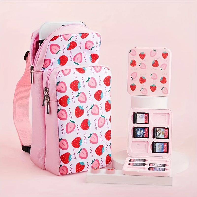 Organize Your Nintendo Console & Accessories On-The-Go with This Pink Strawberry Shoulder Chest Bag - Perfect for Hiking & Cycling!