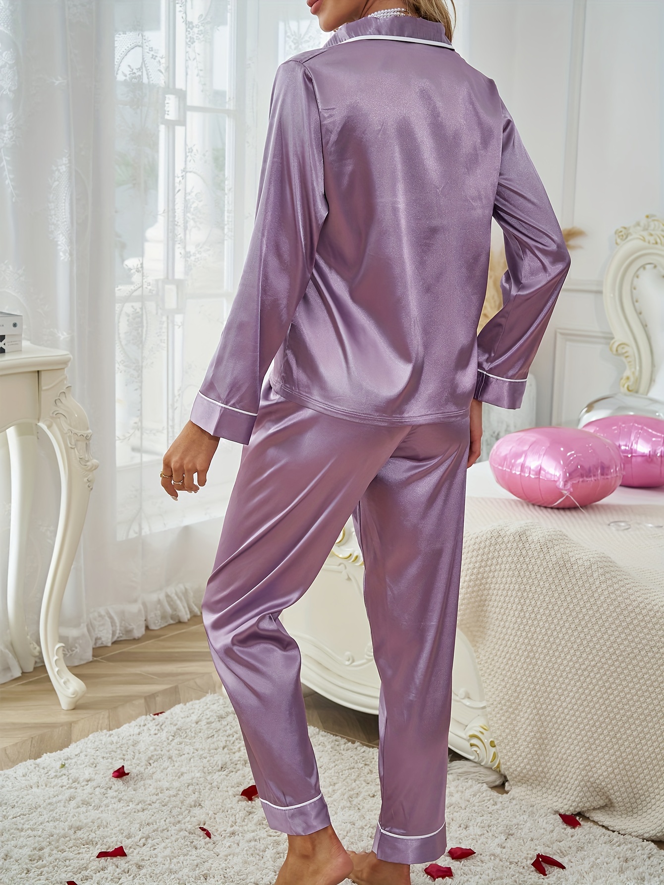 Solid Satin Pajama Set Comfy Long Sleeve Pocket Button Top - Temu