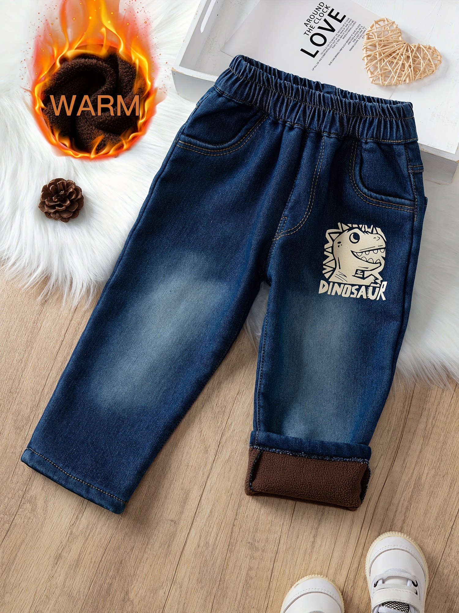 Kid's Dinosaur Print Fleece Jeans, Warm Thermal Denim Pants, Boy's Clothes  For All Seasons