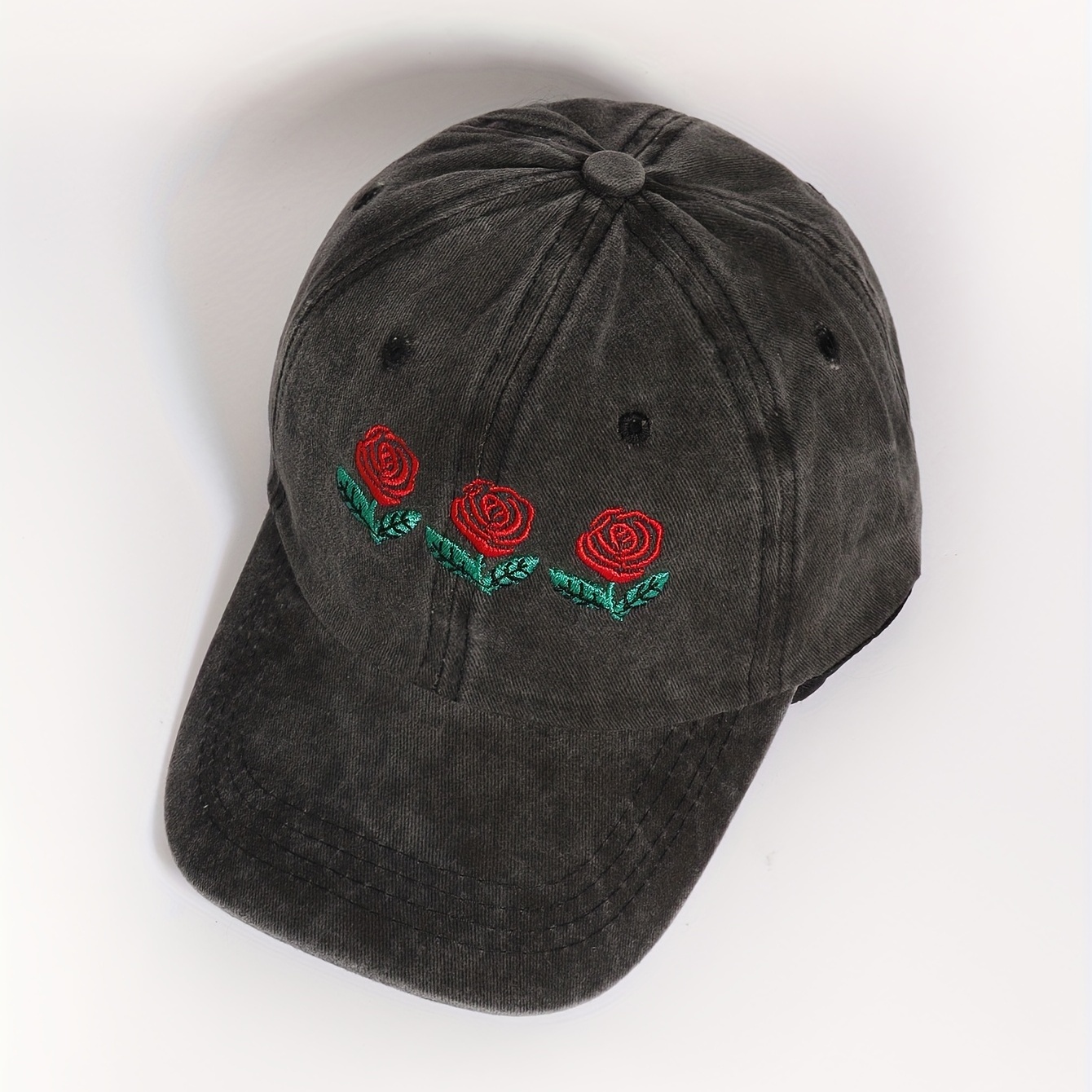 Three Roses Embroidery Baseball Cap Washed Distressed Gray