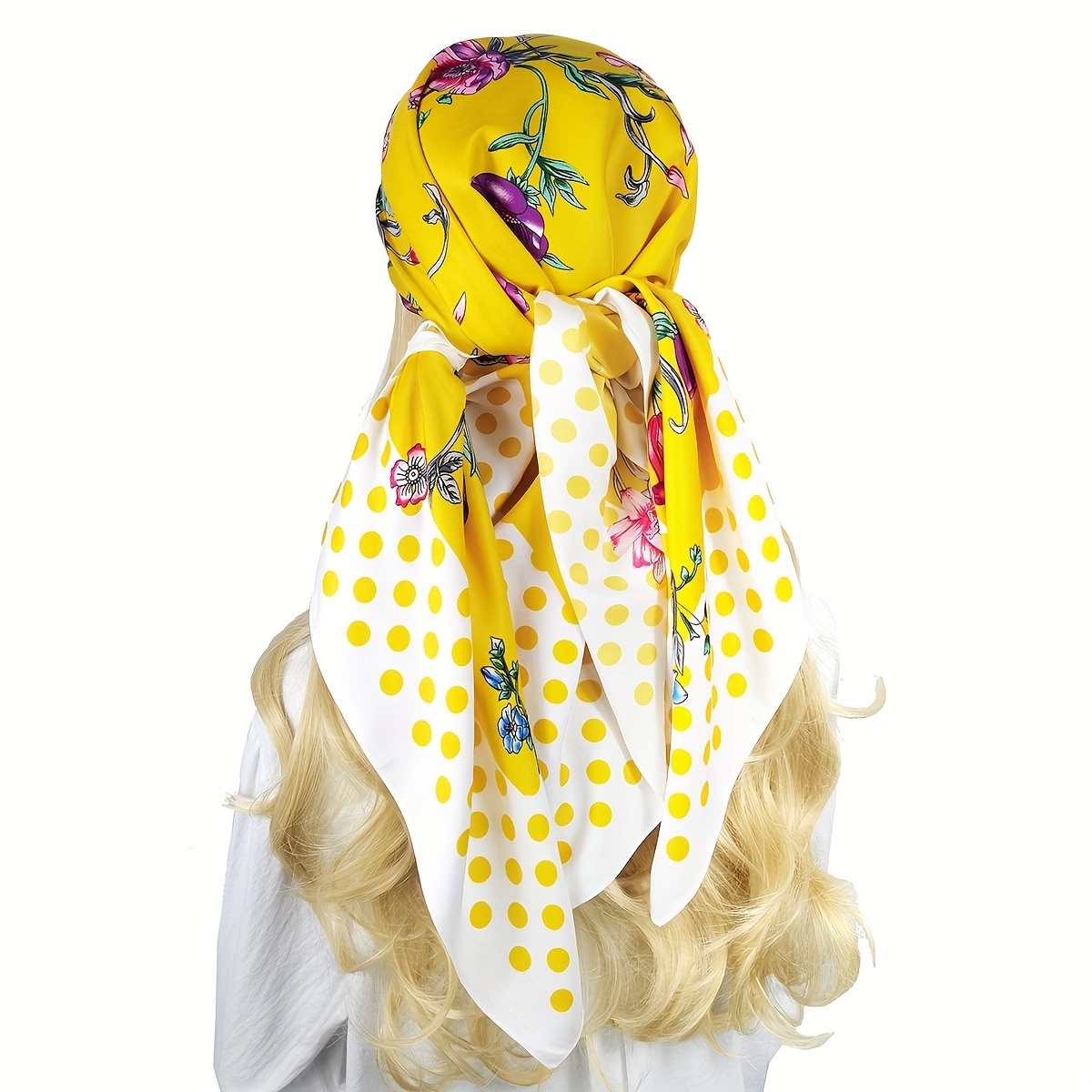 Polka Dot Flower Print Shawl Boho Twill Silk Square Scarf Vintage Neckerchief