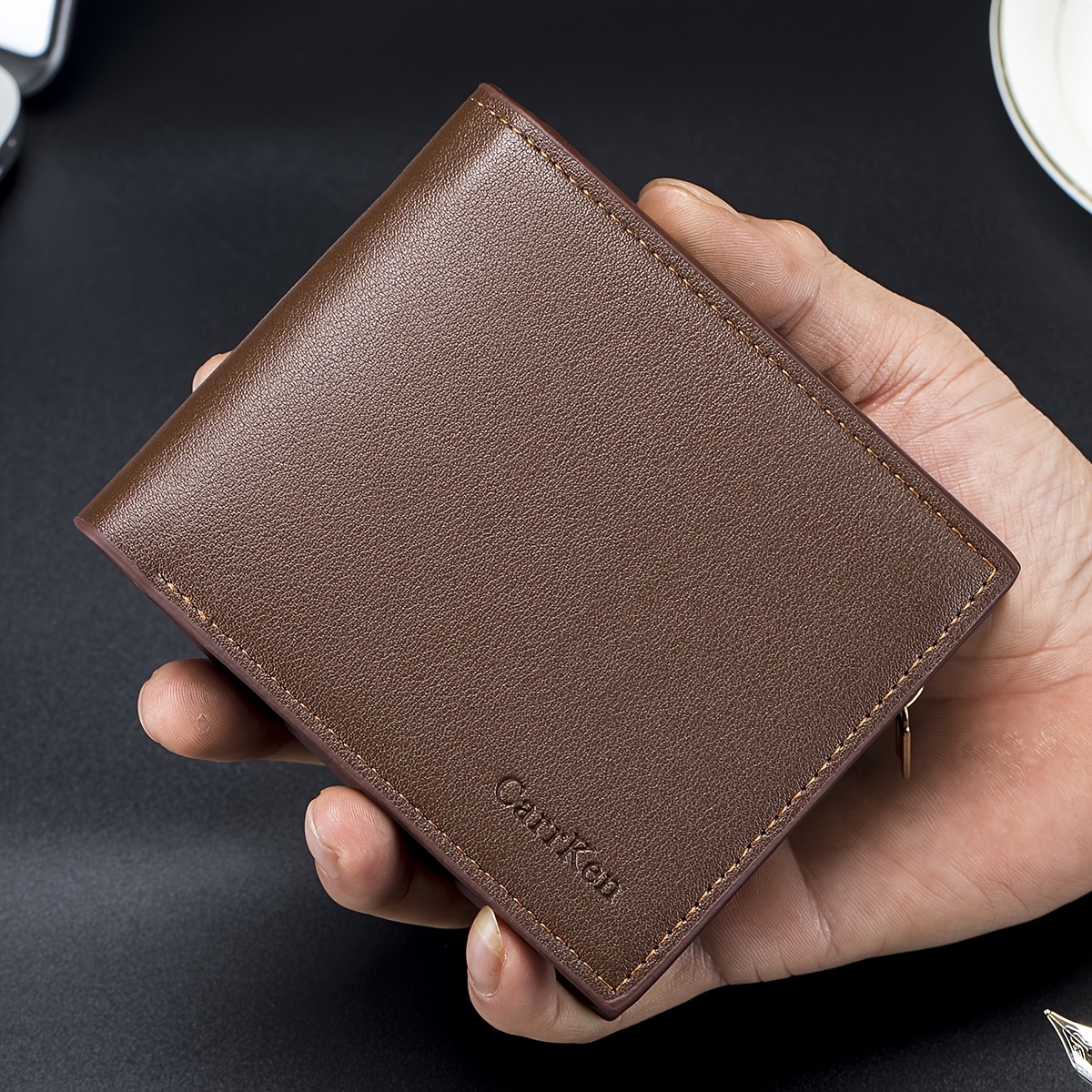 Men's Casual Pu Leather Wallet With Card Slots, Zipper Coin Purse, Money  Clip - Temu