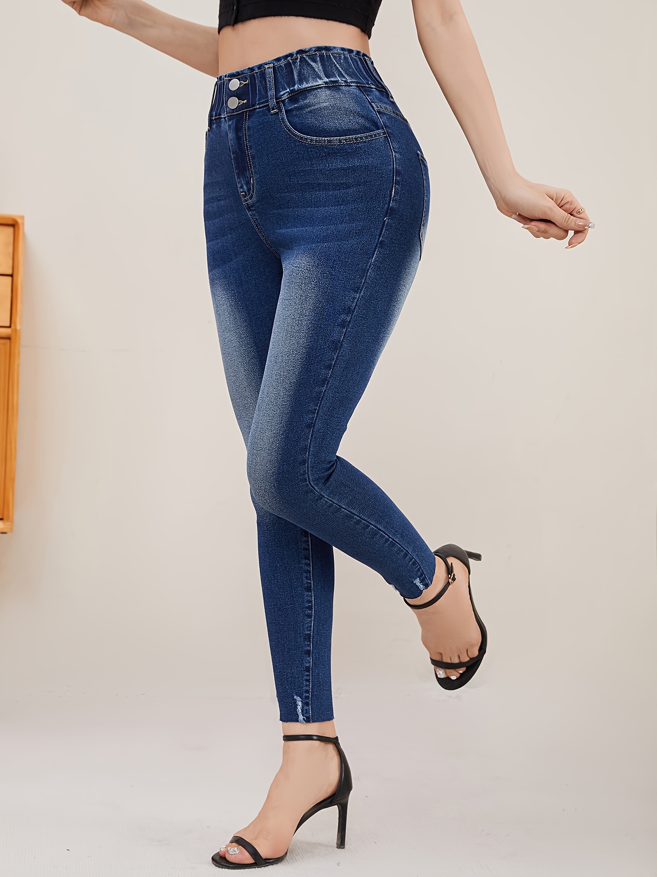 double buttons elastic waist skinny jeans high stretch fashion fitted denim pants with pocket womens denim jeans clothing
