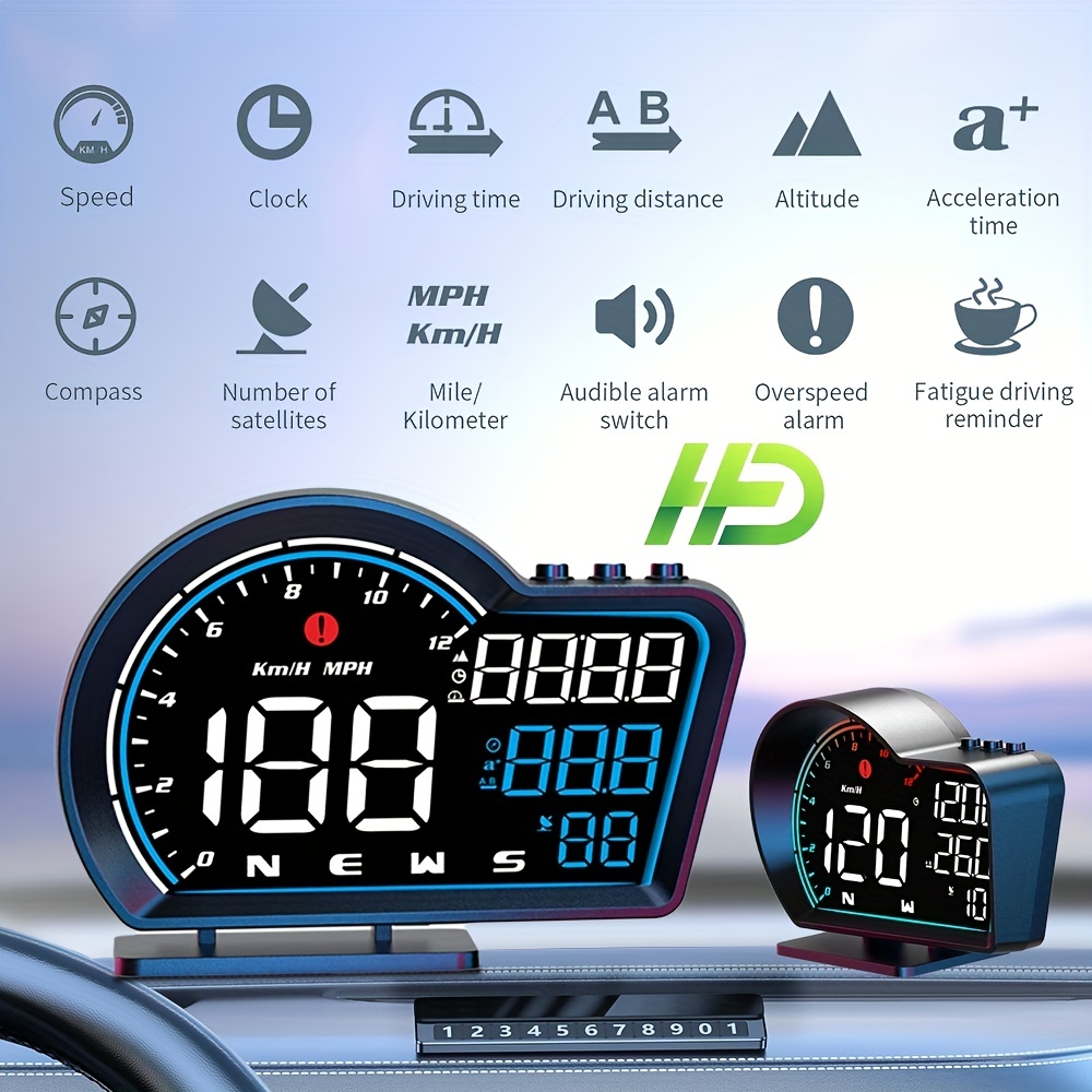 Compteur de vitesse GPS HUD, affichage tête haute, alarme