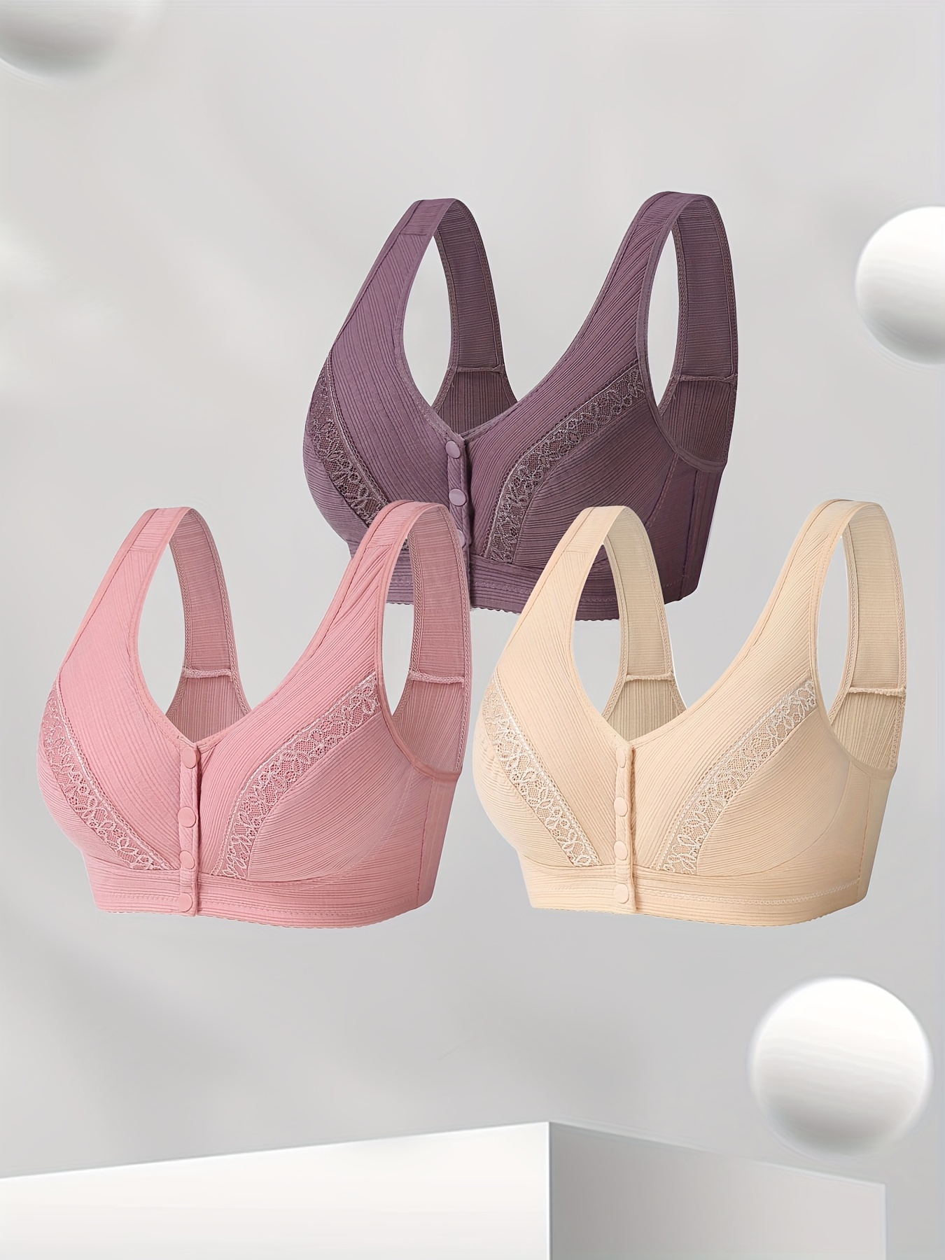 3pcs Women's Bras Front Closure Wireless Comfort Bralette, Women's Lingerie  & Underwear