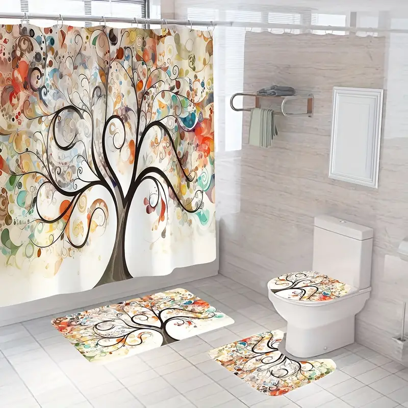 4pcs Colorful Tree Pattern Shower Curtain Set, Bathroom Rug, U-Shape Mat,  Toilet Lid Pad, Waterproof Curtain With 12 Hooks, Aesthetic Bathroom Decorat