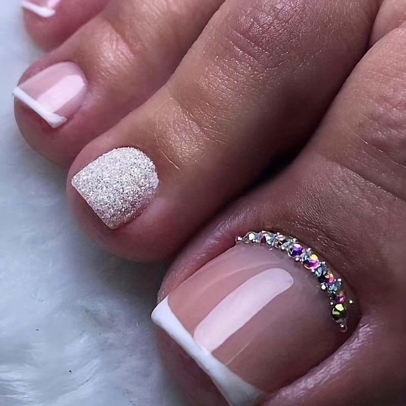

24pcs Blingy White French Tip Fake Toenails - Nude Pink Square With Silver Glitter & Rhinestone Design For Women & Girls