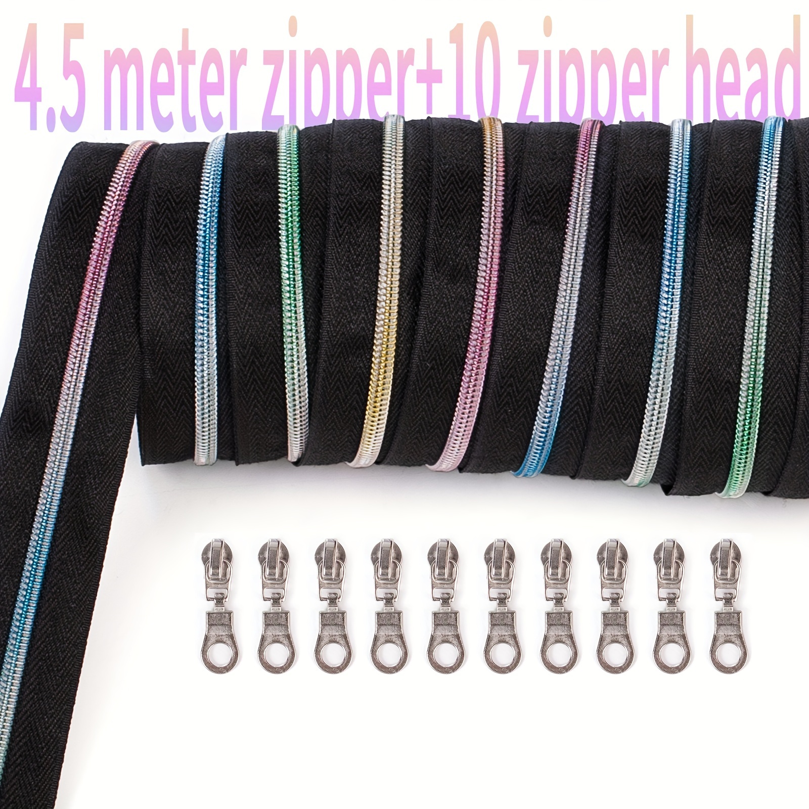 1 Set 177.17 Inch Long Zipper, 10 Zipper Head, 20 Front Stop, 10 Rear Stop  No. 5 Golden Cloth Golden Tooth, Silvery Cloth Silvery Tooth Nylon Size Zip