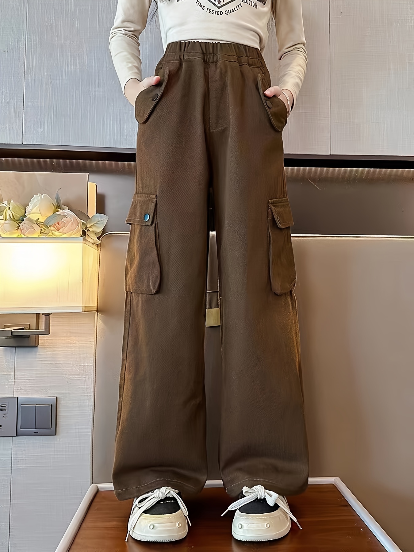 Mrat Women's Baggy Cargo Jeans High Waist Elastic Wide Leg Palazzo