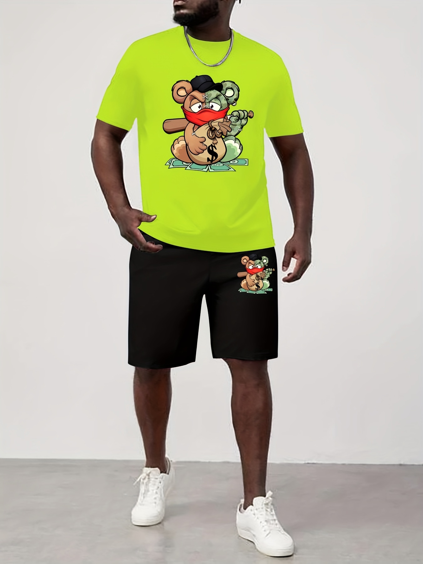 Men's 2 Pieces Outfits With Bear Print Crew Neck Short Sleeve T Shirt And Drawstring Shorts Set For Summer