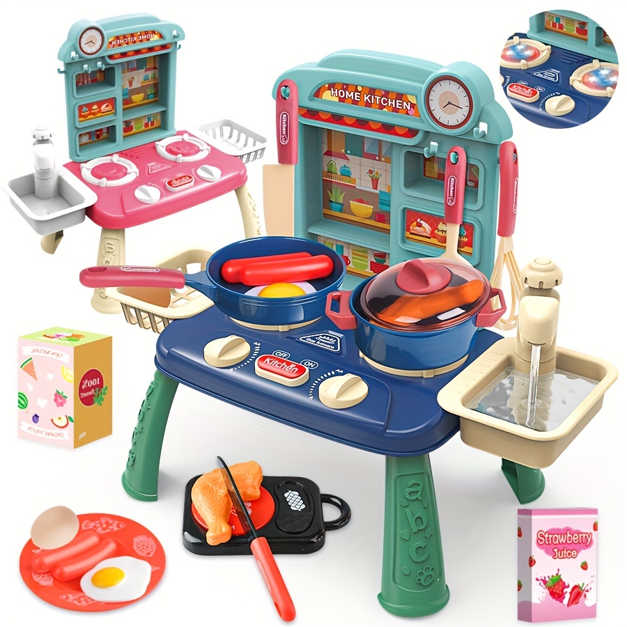  Juguetes para fregadero de cocina, juego de agua, estufa de  cocina, juego con agua corriente, juegos de cocina con platos de juego,  accesorios para niños pequeños, color rosa : Juguetes y