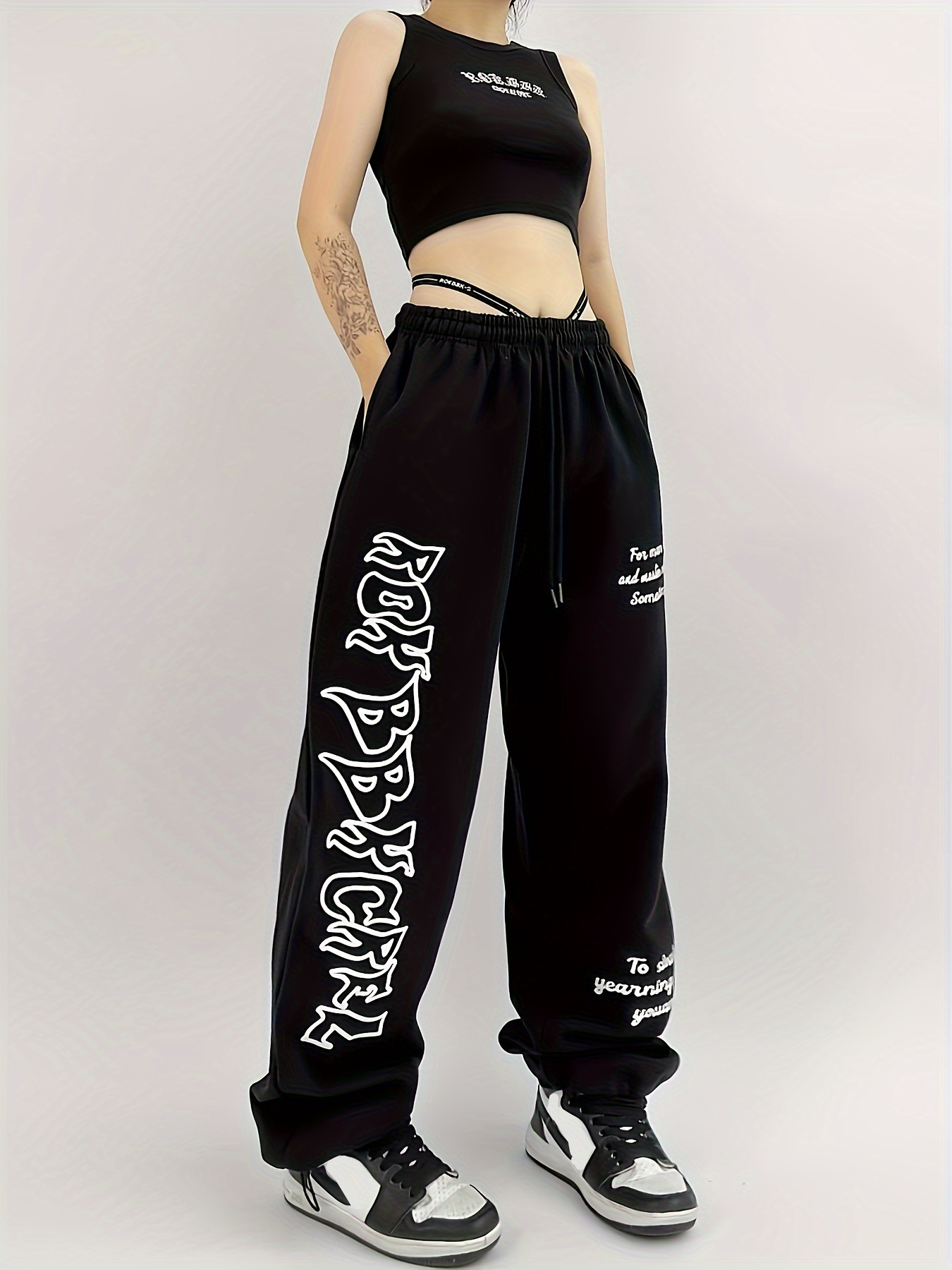 Letter Print Casual Sporty Pants, Loose Fit Drawstring Elastic Waist Sports  Trousers, Women's Activewear