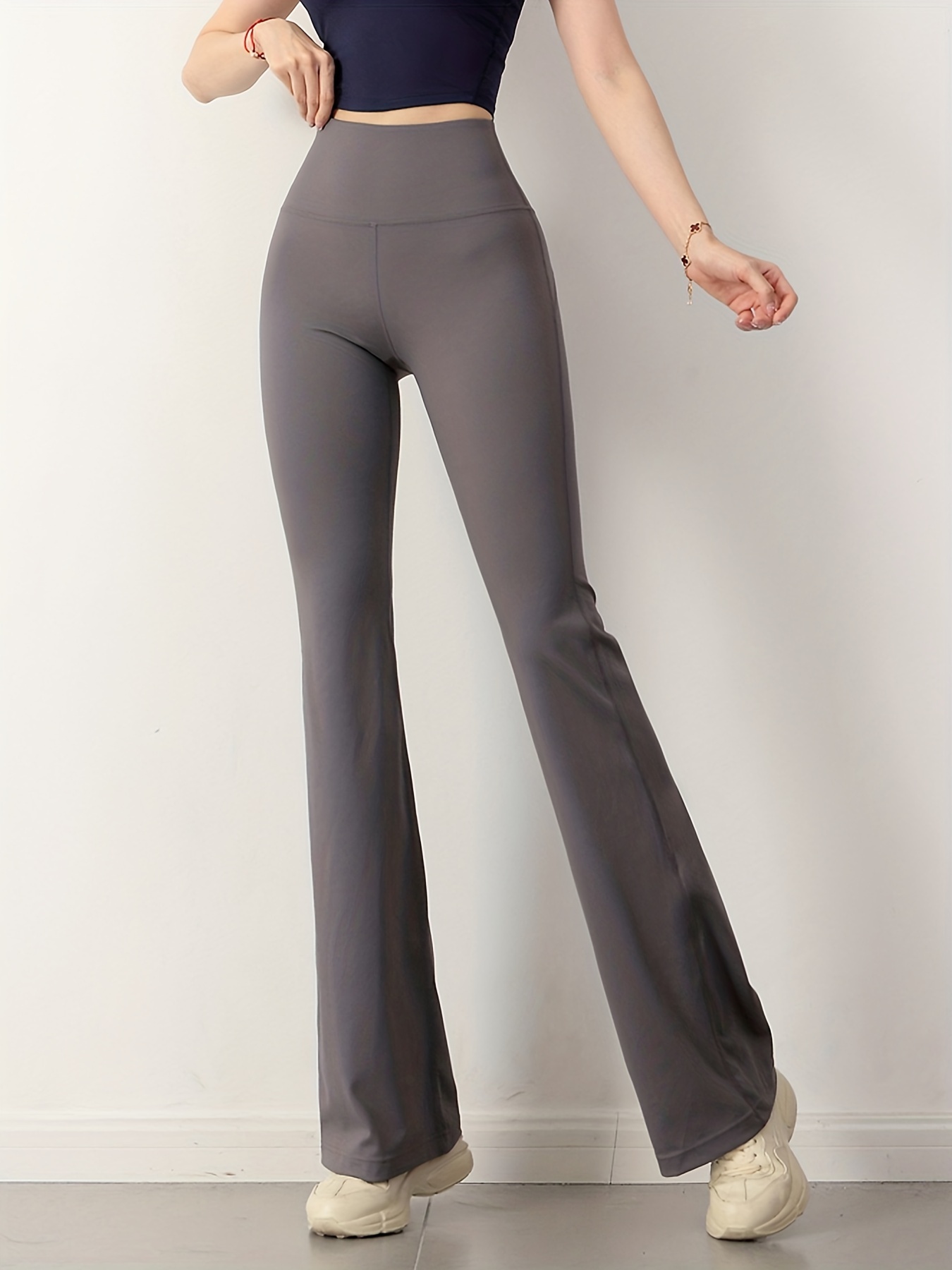 Solid Drawstring Ruched Flare Leg Pants Versatile Slim Pants - Temu