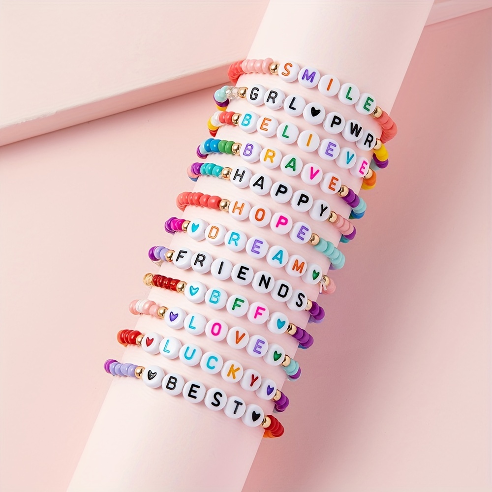 12pcs Positive Energy Encouragement Colorful Lettering Beaded Bracelets for Girls Elastic Bracelet Kids Accessories,Kandi Bracelet,Temu