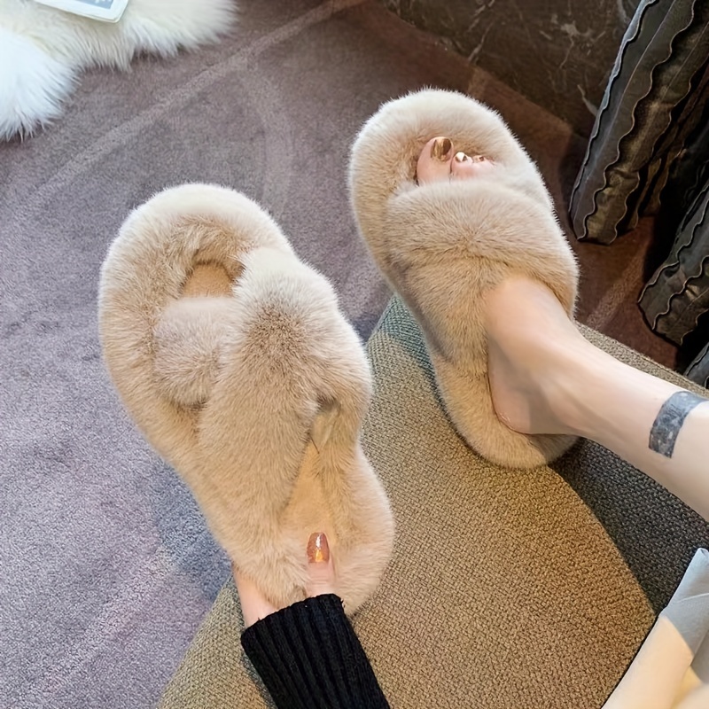 Winter House Women Fur Slippers Fashion Cross Band Warm Plush Ladies Fluffy  Shoes Cozy Open Toe Indoor Fuzzy Slides For Girls