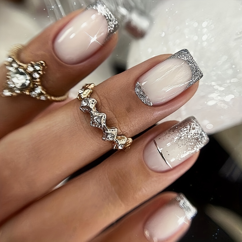 Nude Press on Nails With Rhinestone, Cute Press on Nails 