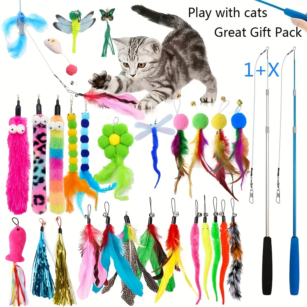 

6/11/21/30pcs Cat Toys Set, Retractable Wand Toy And Assorted Varieties Feather Toys Refills, Funny Kitten Toys Cat Fishing Pole Toy For Bored Indoor Cats And Exercise ( Non-repetition)