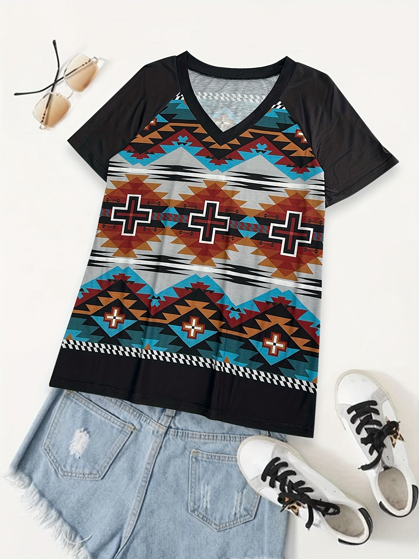 Aztec Print T shirt Casual V Neck Short Sleeve Summer T - Temu