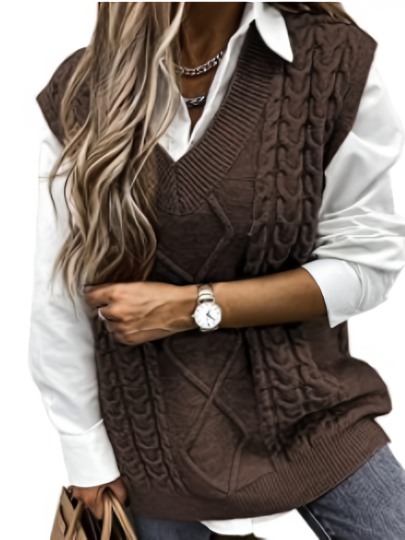 Women's Sweater Vests,Women'S V Neck Gilets Knitted Vest Brown