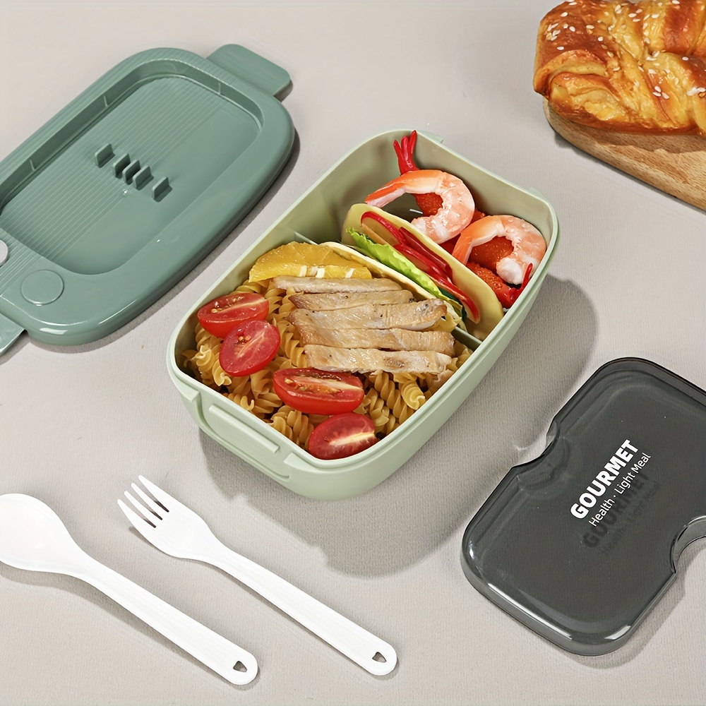 1pc Foldable bento box lunch box, bento box adult lunch box, adult/student  lunch container, with 3 compartments and forks and spoons, leak proof,  microwave heating/dishwasher cleaning, suitable for school, work, travel and