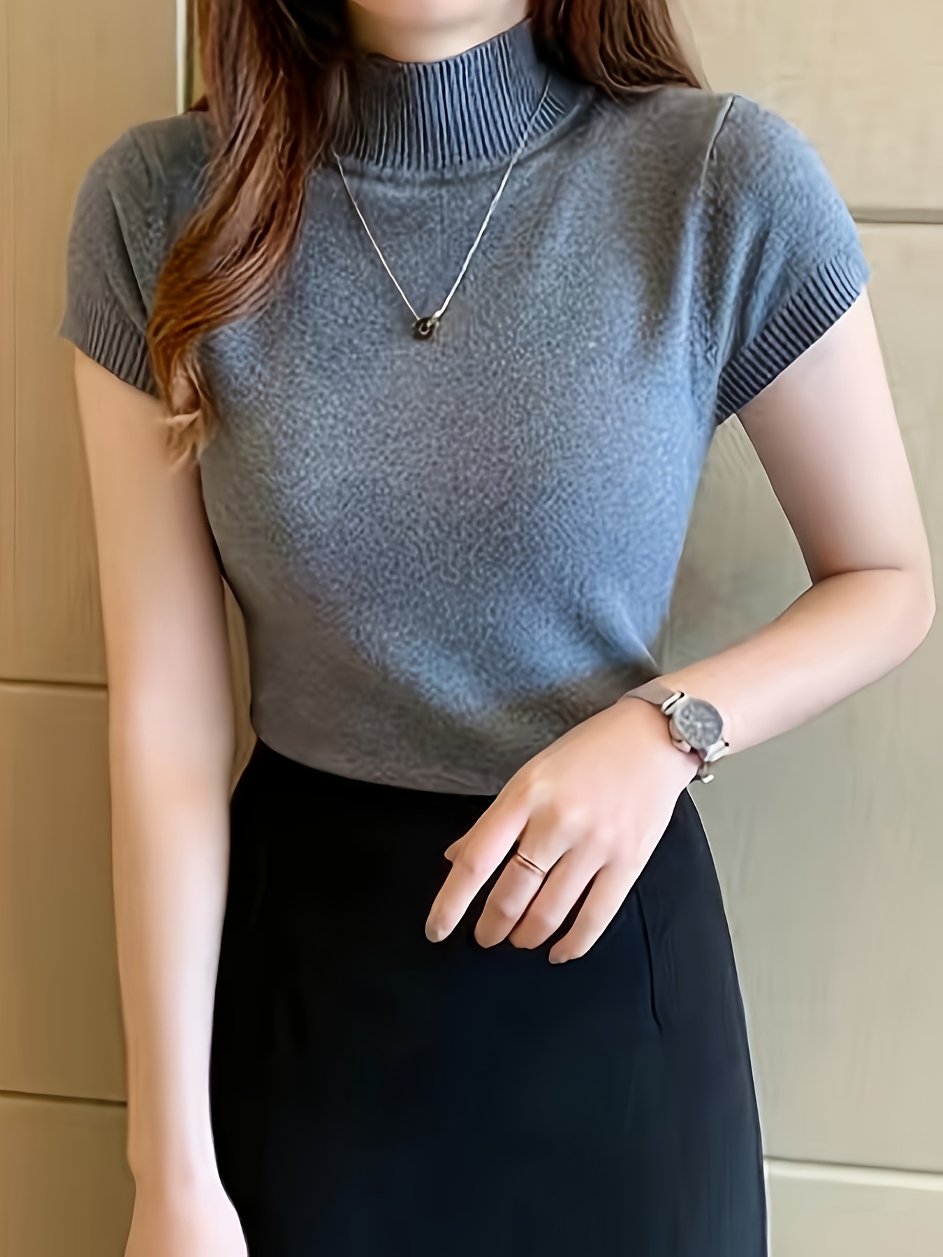 New Style Knitted Versatile Design Half-High Collar Short Sleeve Thin Pullover