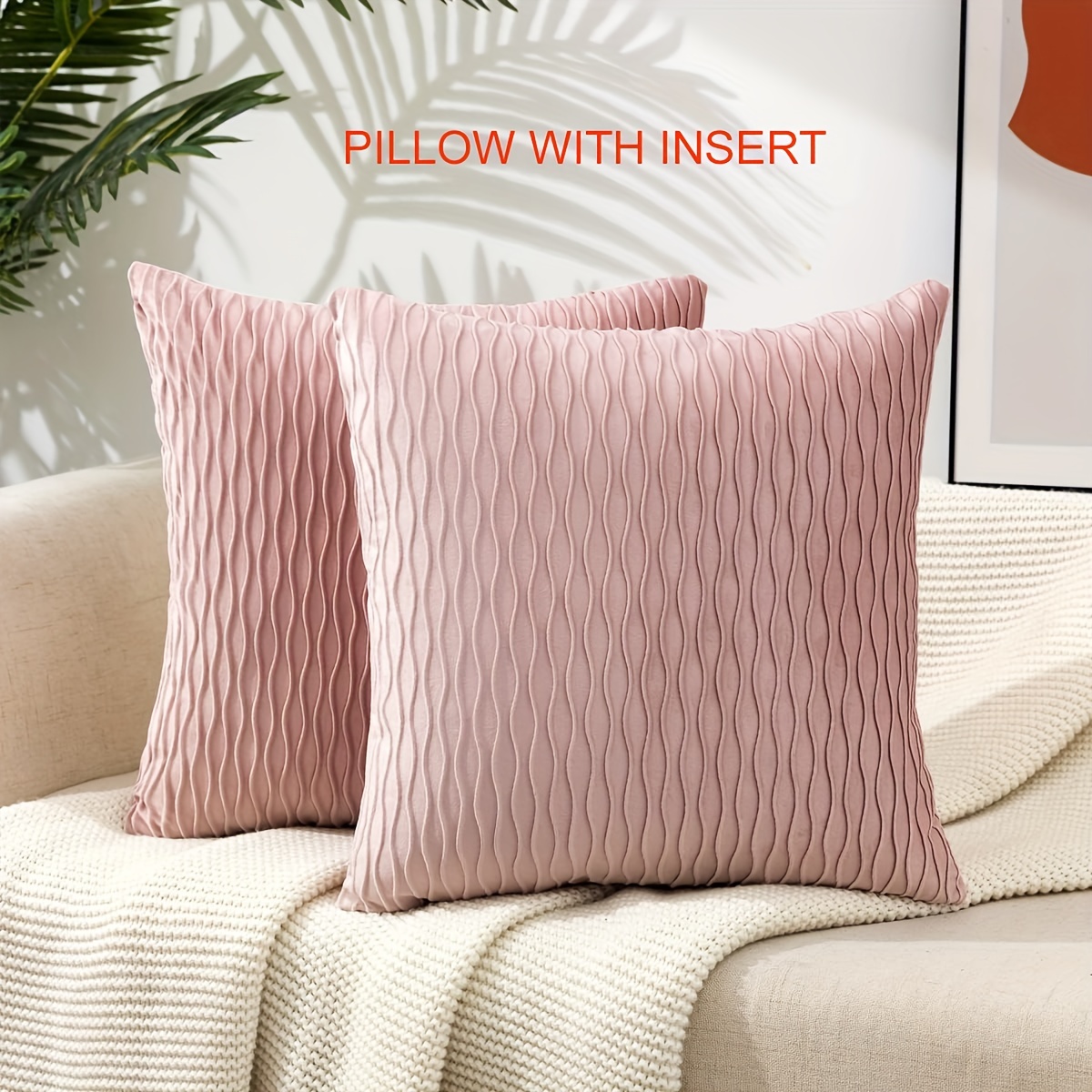 2pcs Throw Pillows With Inserts Included, With Velvet Striped Pillow  Covers, Pink Throw Pillow For Farmhouse Sofa Couch Home Decor