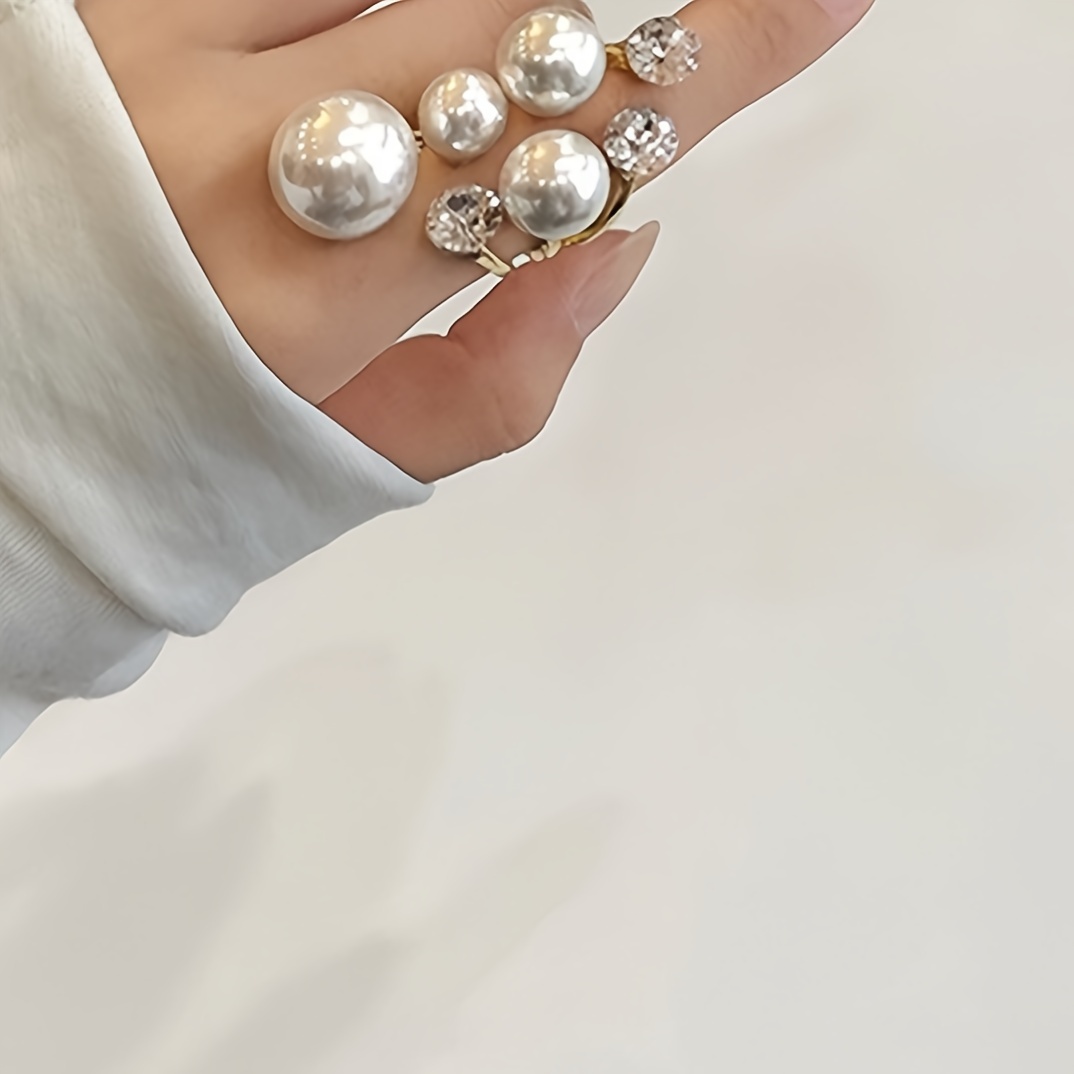 faux pearl rhinestone decor opening irregular temperament womens ring details 3