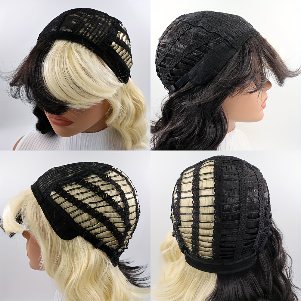 Half Black Half Blonde Color Short Wavy Wig Bangs Synthetic Temu