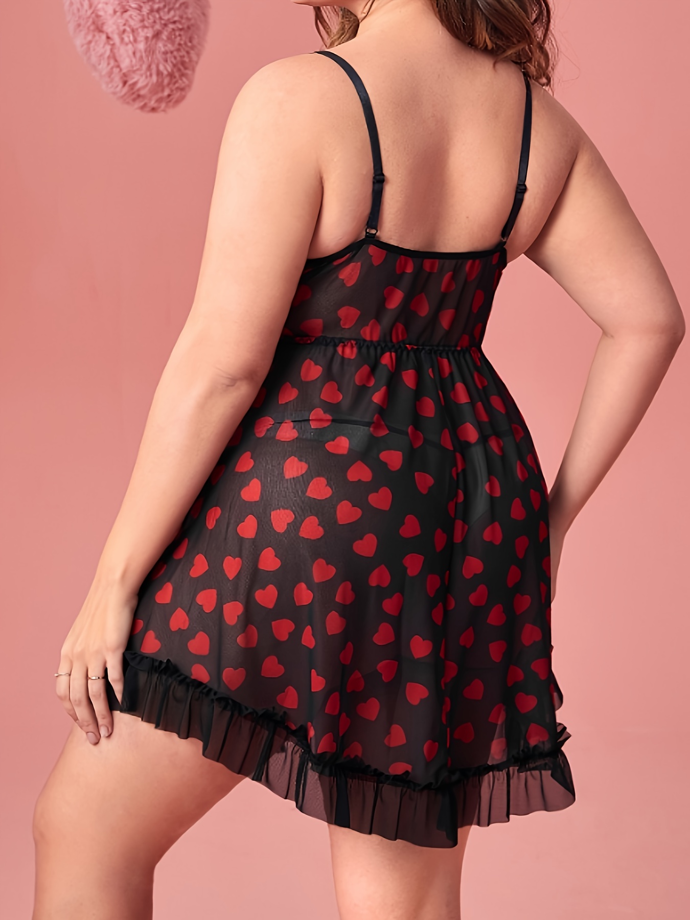 Women s Valentine s Day Sexy Lingerie Dress Plus Size Heart Pattern Bow Front Ruffle Trim Babydoll Dress With Free Panty