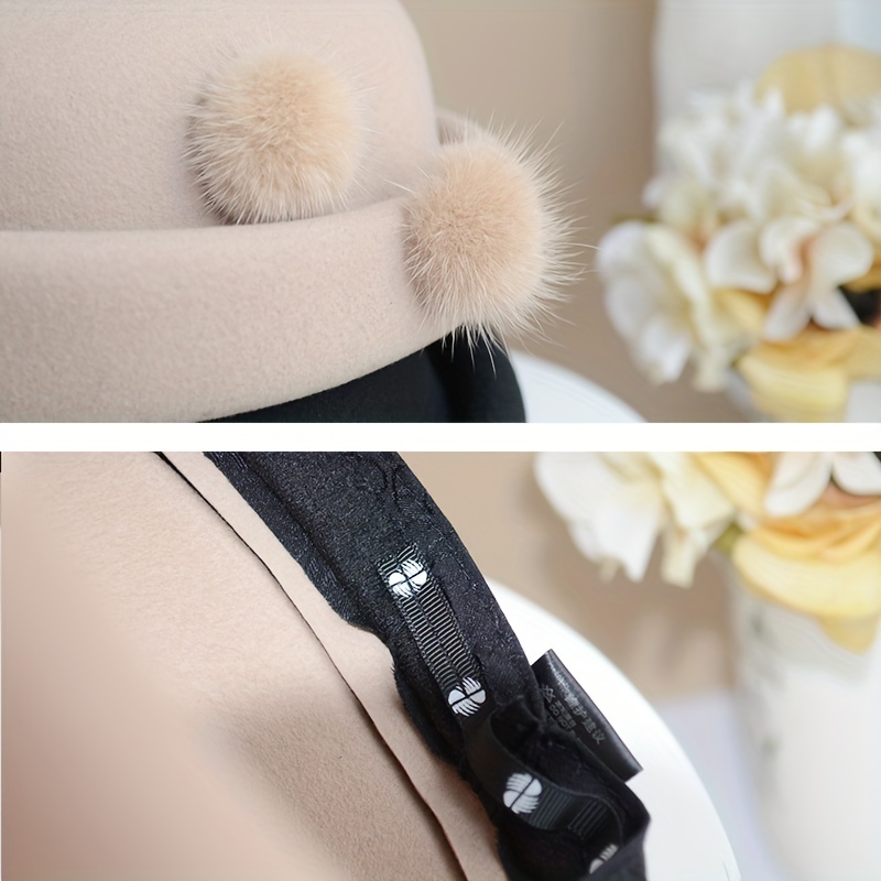 Elegant Solid Color Wool Berets Classic Faux Fur Pom Decor Felt Hat French Style Fedoras For Women Autumn & Winter - Click Image to Close