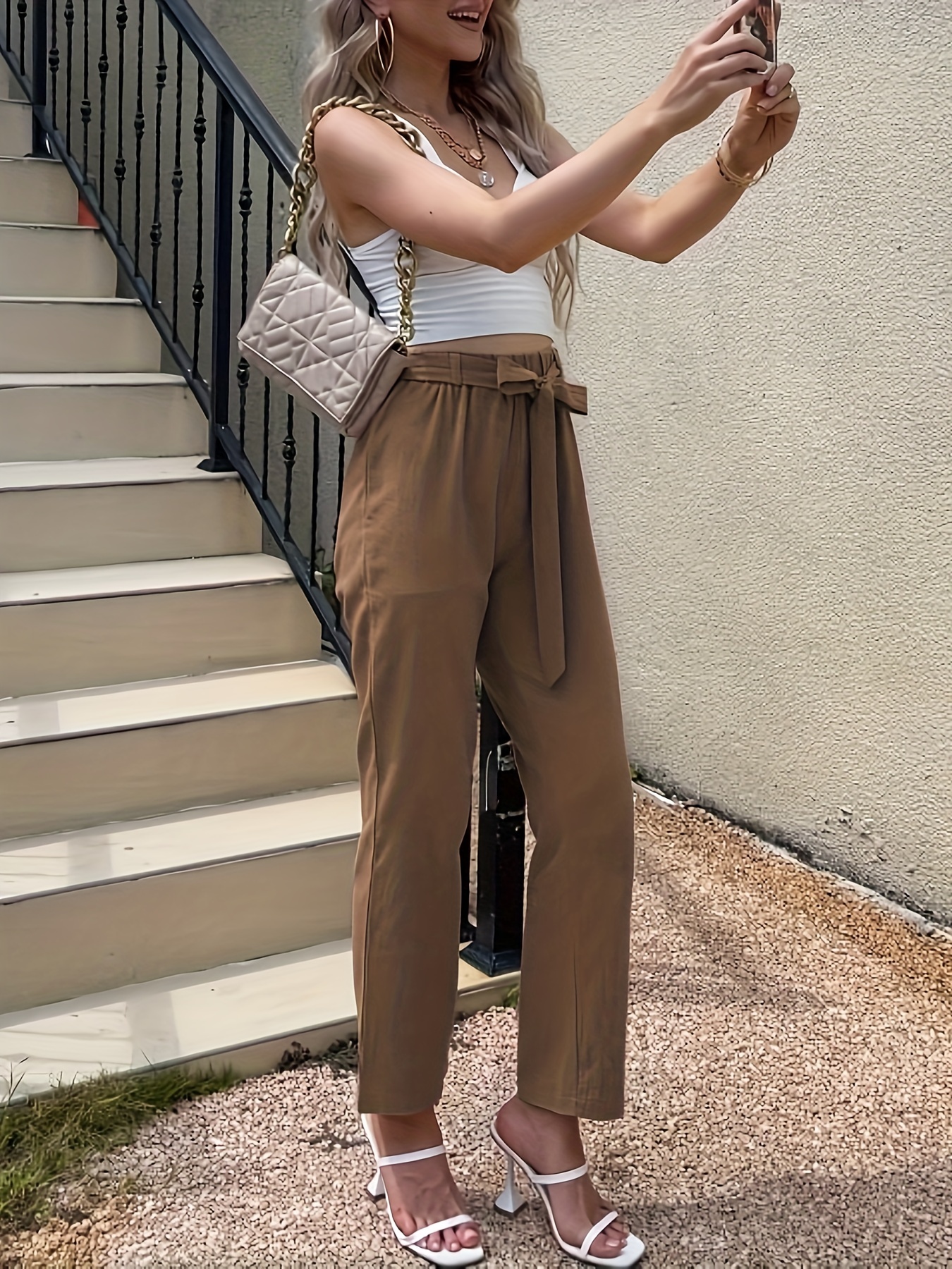 Solid Tie Waist Pants Casual High Waist Wide Leg Long Length - Temu