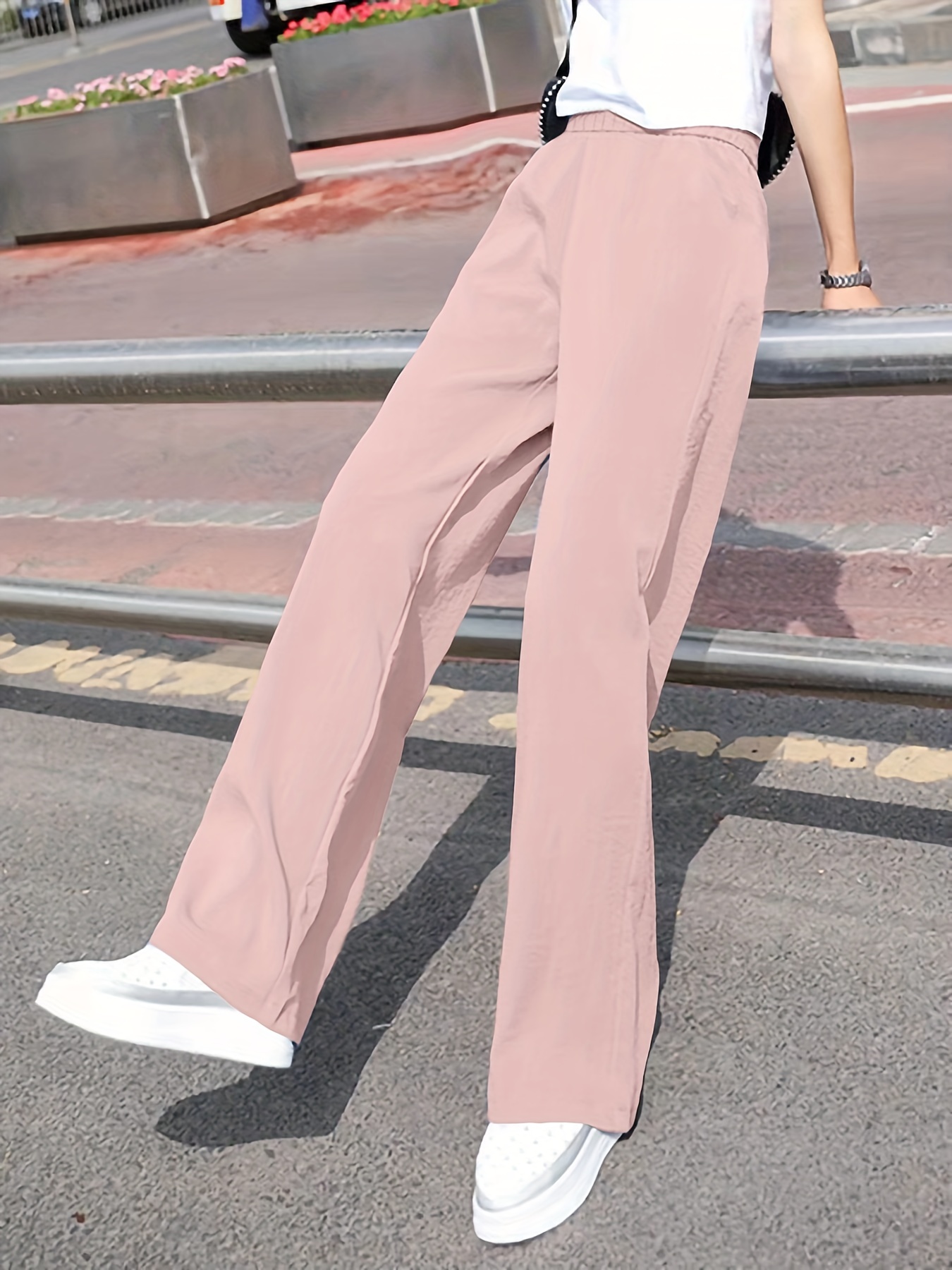 Custom Polyester/Cotton Elastic Waist Pants Sexy Pink Solid Wide Leg Casual  Two Piece Outfits for Women Pants