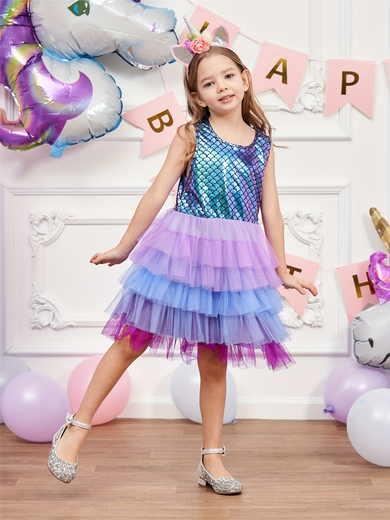 Girls Sleeveless Fish Scales Graphic Color Block Mesh Patchwork Layered Hem  Princess Dress For Party Kids Summer Clothes