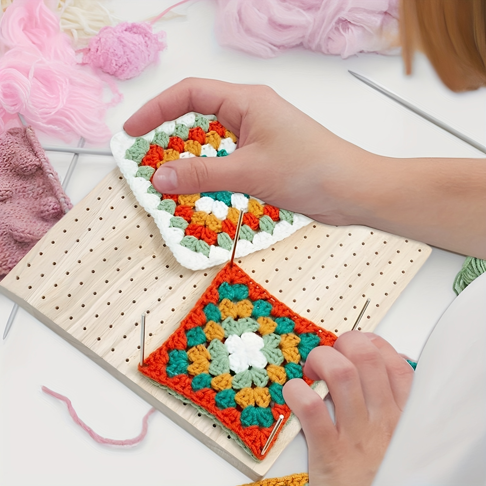  Wooden Crochet Blocking Board with 20 Stainless Steel Rods,  Reusable Handcrafted Knitting Blocking Mat Set 11.6x11.6 Inch, Crochet Gift  for Granny Square
