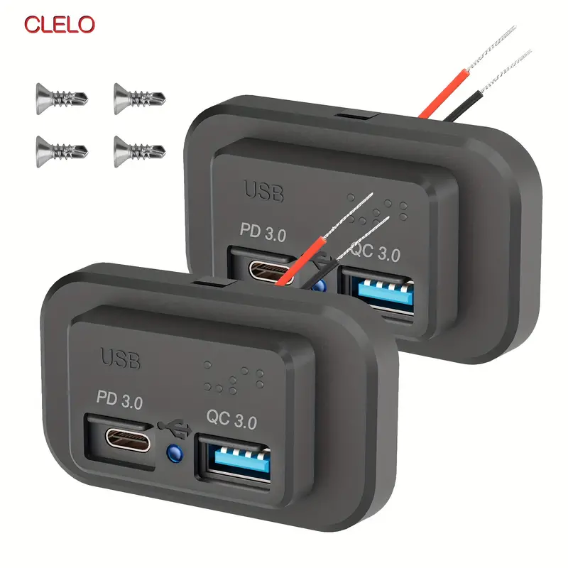 CLELO 12V/24V RV USB Outlet Dual Quick Charge PD3.0 Type-C (USB C) & QC3.0  USB-A Waterproof Power Socket Car Charger Adapter for RV Truck Golf Cart