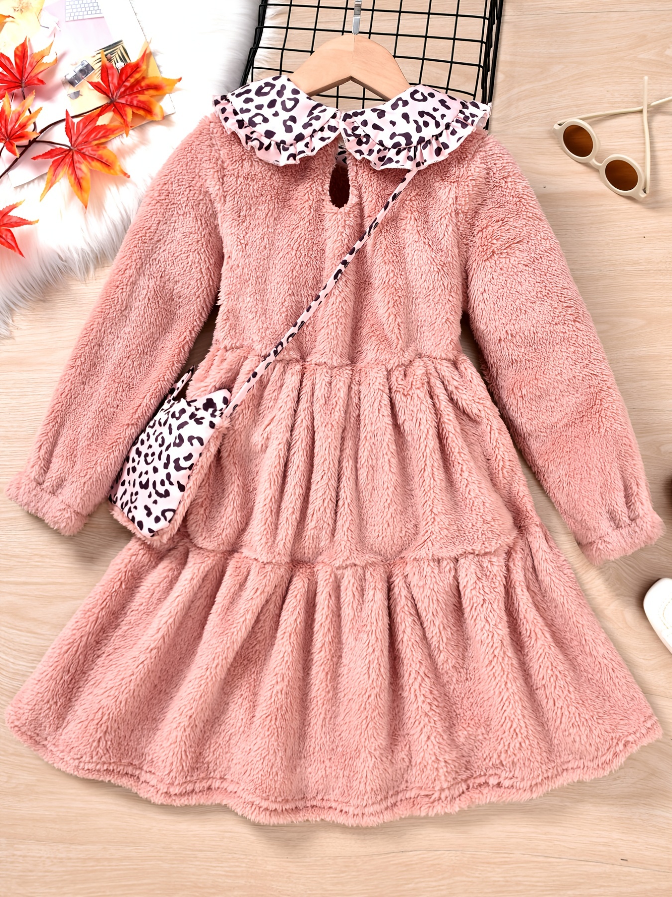 2pcs Girls Elegant Cute Fleece Thermal Dress With Ruffled Neck & Leopard  Print Bag For Winter Party, Lotus *