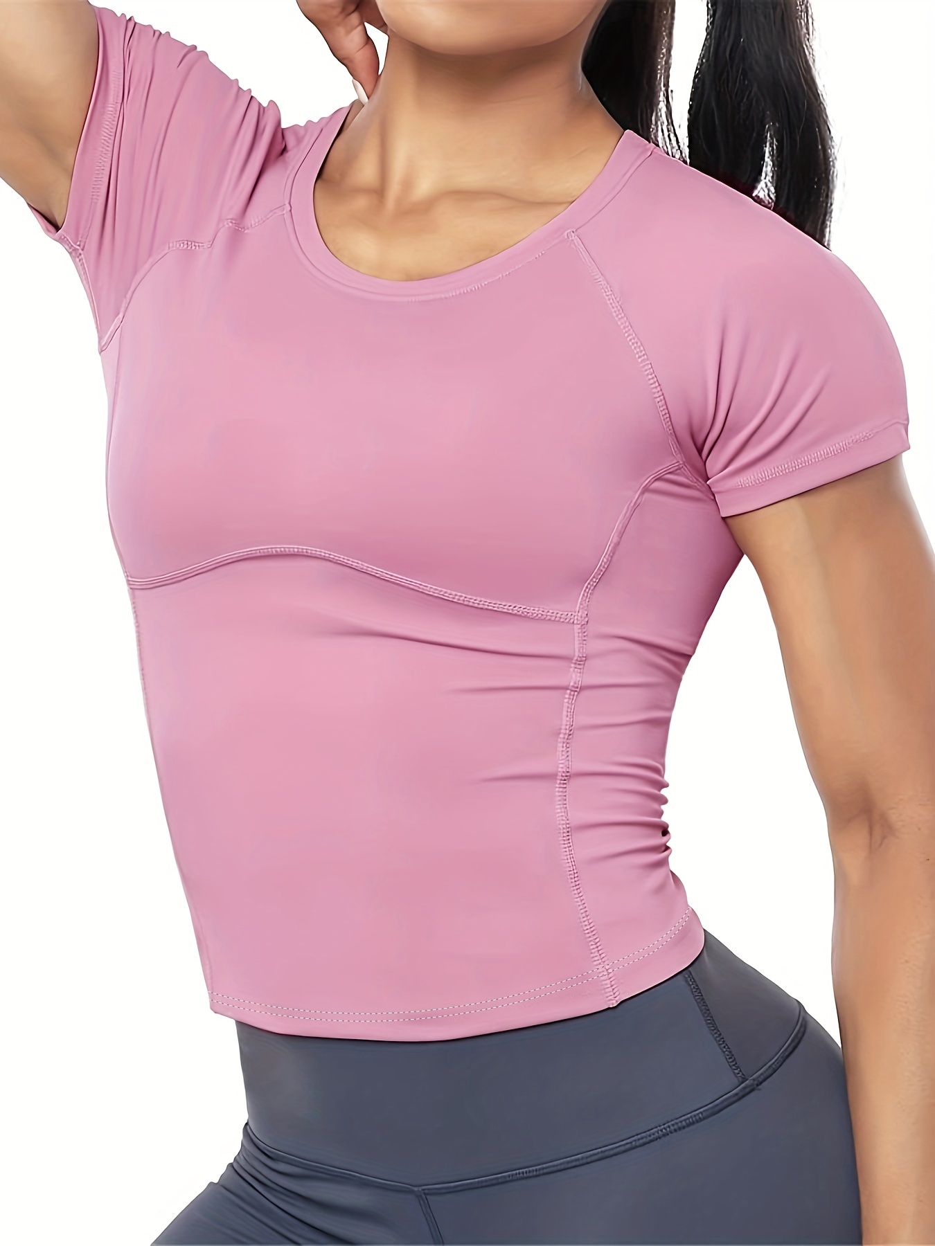 APANA Women Athletic T-Shirt Short Sleeve Casual Solid Light Pink