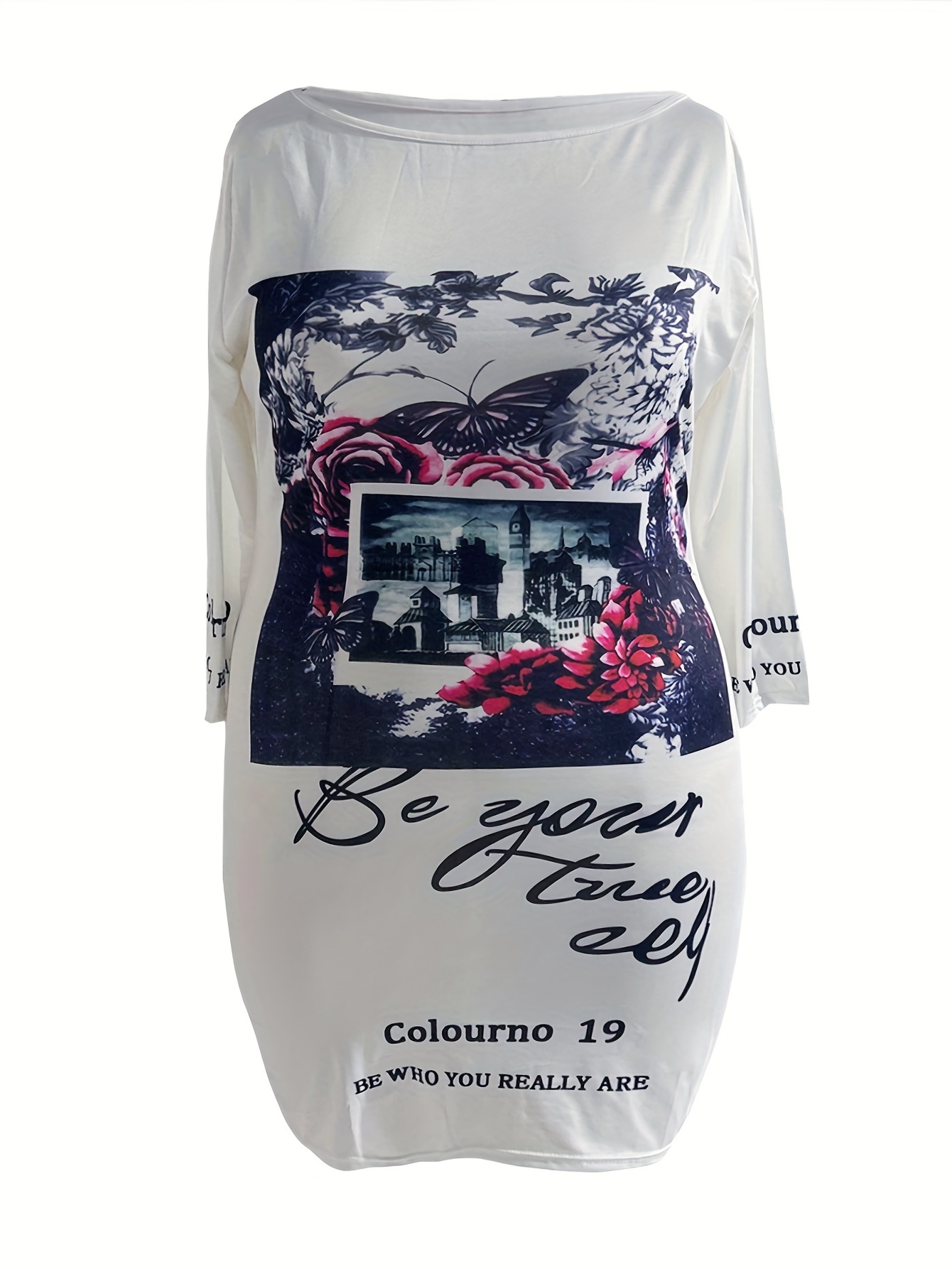 Graphic Print One Shoulder Tee Dress Women's Plus Casual Dress