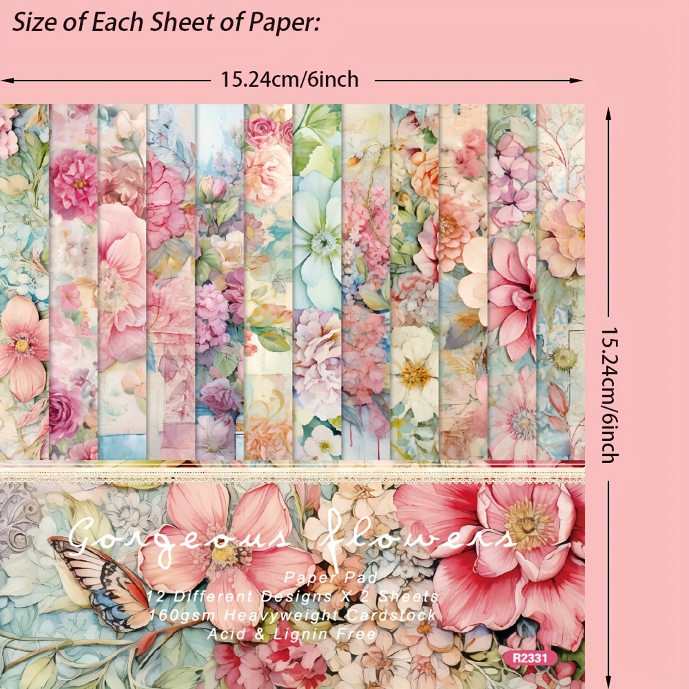 24pcs 6'x6' Pink Roses Scrapbook Paper, Vintage Floral Craft