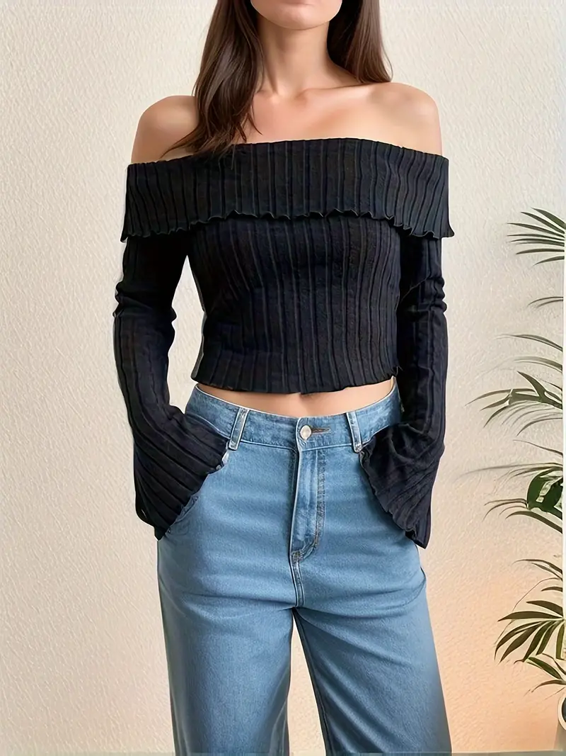 Ribbed Off Shoulder Crop T-Shirt, Casual Long Flare Sleeve Top For Spring &  Fall, Women's Clothing
