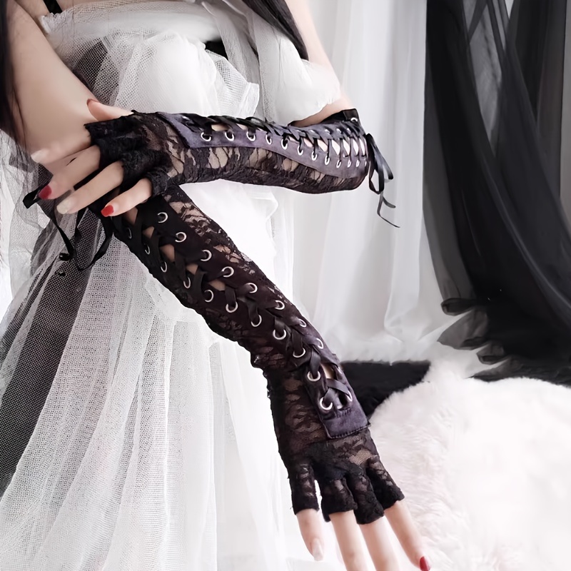 Sexy Lace Long Gloves Ribbon Half-Finger Fishnet Mesh Mittens Arm Elbow  Length
