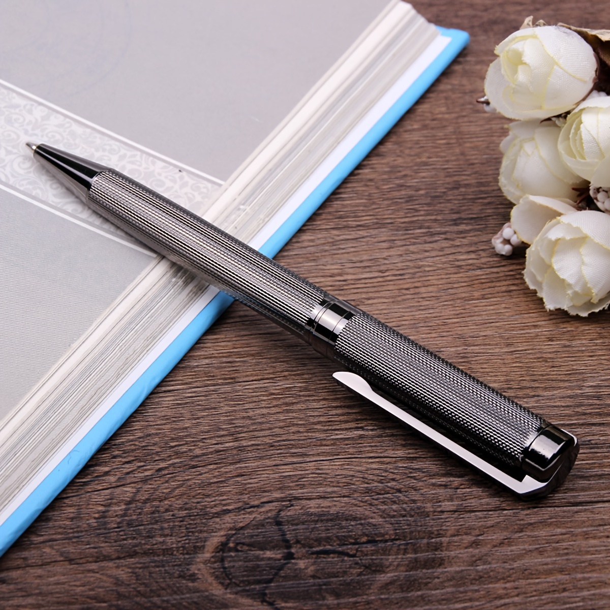 

1pc Ballpoint Pen Stylish Line Engraved Metal Pen Elegant Smooth Writing With 1.0mm Blue Ink Refill Good Gift For Birthday, Friend