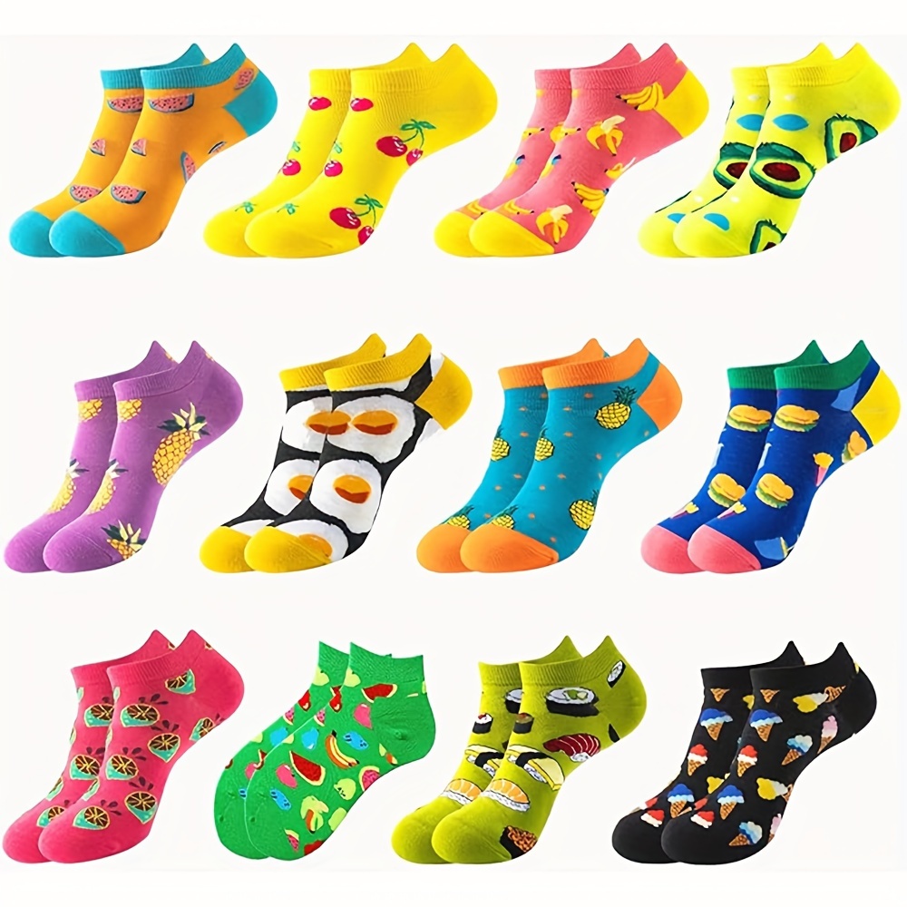 

12 Pairs Food Print Socks, Trendy & Breathable Low Cut Ankle Socks, Women's Stockings & Hosiery