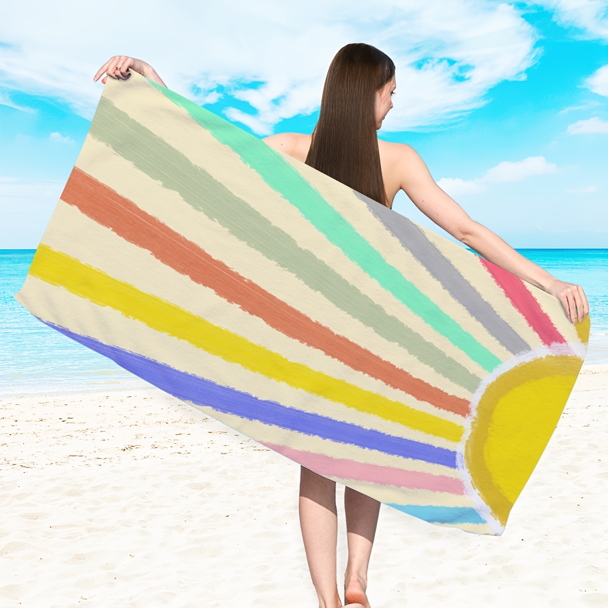 Quick Drying Rainbow Striped Microfiber Beach Towel - Temu